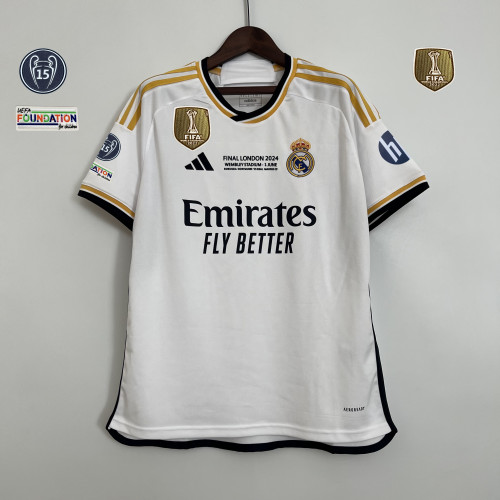 with Front Lettering+Golden FIFA+15 UCL Cup Patch+HP Fan Version 2023-2024 Real Madrid Home Soccer Jersey Real Football Shirt