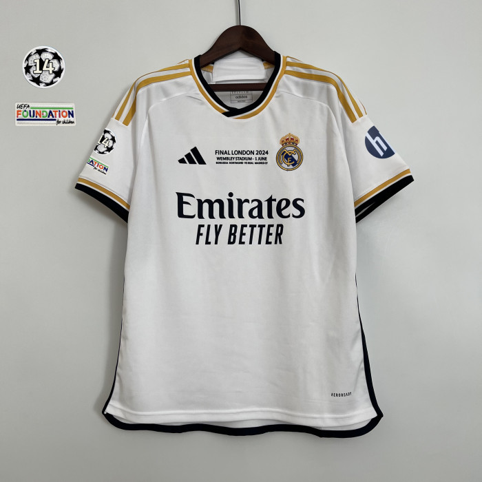 with Front Lettering+14 UCL Starball Patch+HP Fan Version 2023-2024 Real Madrid Final Match Home Soccer Jersey Real Football Shirt
