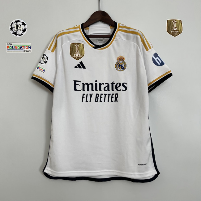 with Golden FIFA+14 UCL Starball Patch+HP Fan Version 2023-2024 Real Madrid Home Soccer Jersey Real Football Shirt