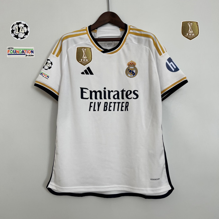with Golden FIFA+14 UCL Starball Patch+HP Fan Version 2023-2024 Real Madrid Home Soccer Jersey Real Football Shirt