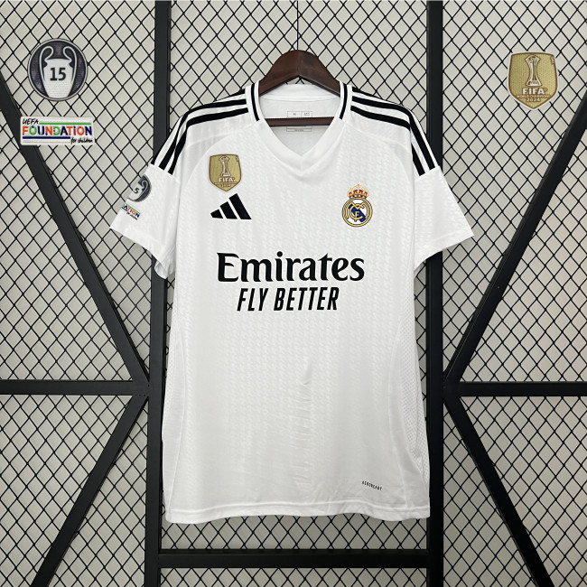 with Golden FIFA 2024+UCL 15 Cup Patch Fan Version 2024-2025 Real Madrid Home Soccer Jersey Real Football Shirt