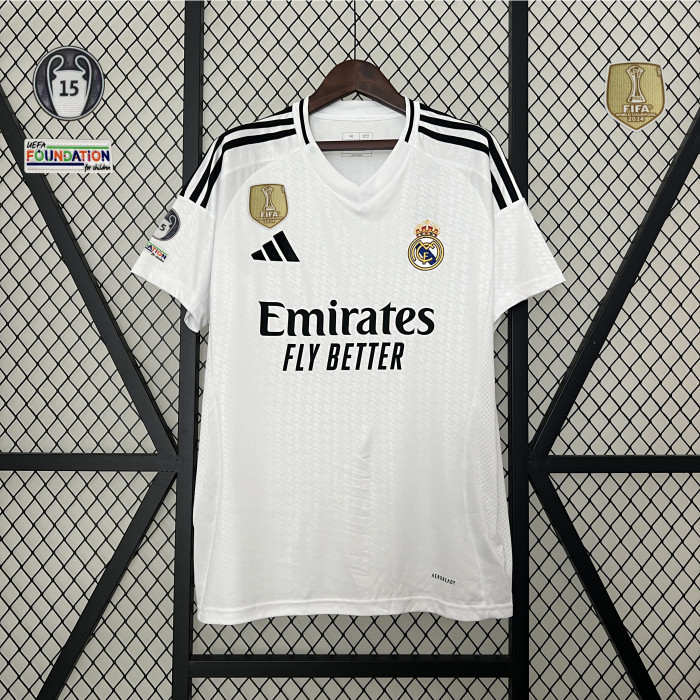 with Golden FIFA 2024+UCL 15 Cup Patch Fan Version 2024-2025 Real Madrid Home Soccer Jersey Real Football Shirt