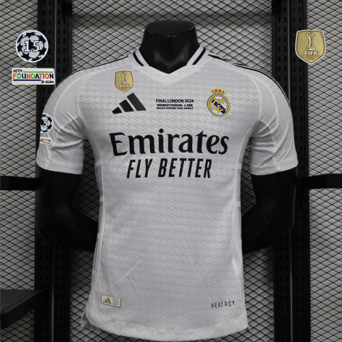 with HP+Front Lettering+Golden FIFA 2024+UCL 15 Starball Patch Player Version 2024-2025 Real Madrid Home Soccer Jersey Real Football Shirt