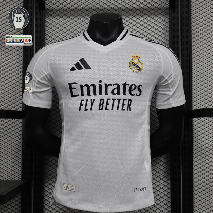 with HP+UCL 15 Cup Patch Player Version 2024-2025 Real Madrid Home Soccer Jersey Real Football Shirt