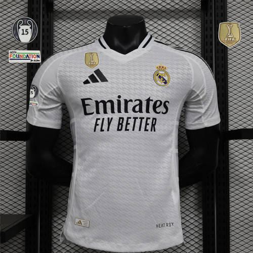 with HP+Golden FIFA 2024+UCL 15 Cup Patch Player Version 2024-2025 Real Madrid Home Soccer Jersey Real Football Shirt