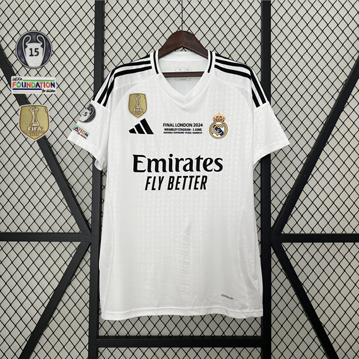 with Front Lettering+Golden FIFA 2024+UCL 15 Cup Patch Fan Version 2024-2025 Real Madrid Home Soccer Jersey Real Football Shirt