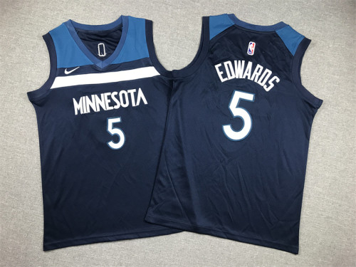 Youth Minnesota Timberwolves 5 EDWARDS Blue NBA Jersey Child Basketball Shirt