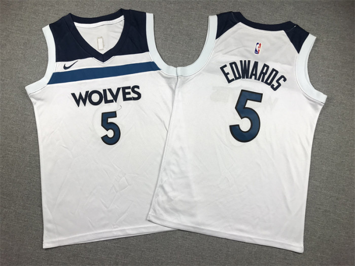 Youth Minnesota Timberwolves 5 EDWARDS White NBA Jersey Child Basketball Shirt
