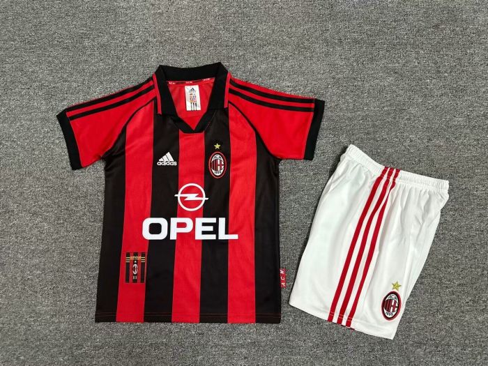 Retro Youth Uniform Kids Kit 1998-2000 AC Milan Home Soccer Jersey Shorts Vintage Child Football Set