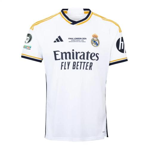 with Front Lettering+15 UCL Cup Patch+HP Fan Version 2023-2024 Real Madrid Champions 15 Final Match Home Soccer Jersey Real Football Shirt