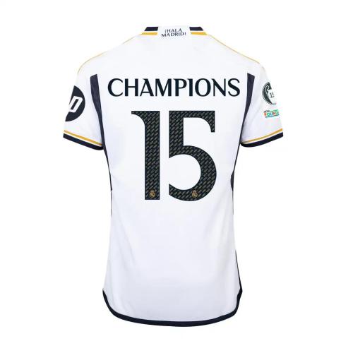 with Front Lettering+15 UCL Cup Patch+HP Fan Version 2023-2024 Real Madrid Champions 15 Final Match Home Soccer Jersey Real Football Shirt