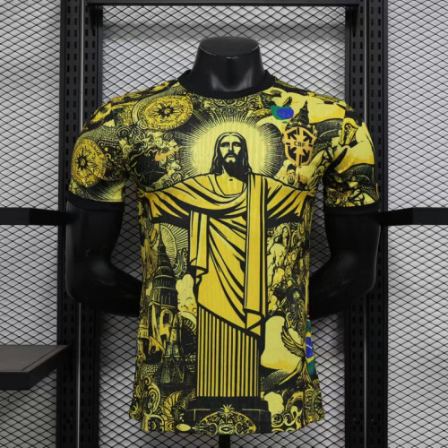 Player Version 2024 Brazil Yellow Jesus Special Edition Soccer Jersey Brasil Football Shirt