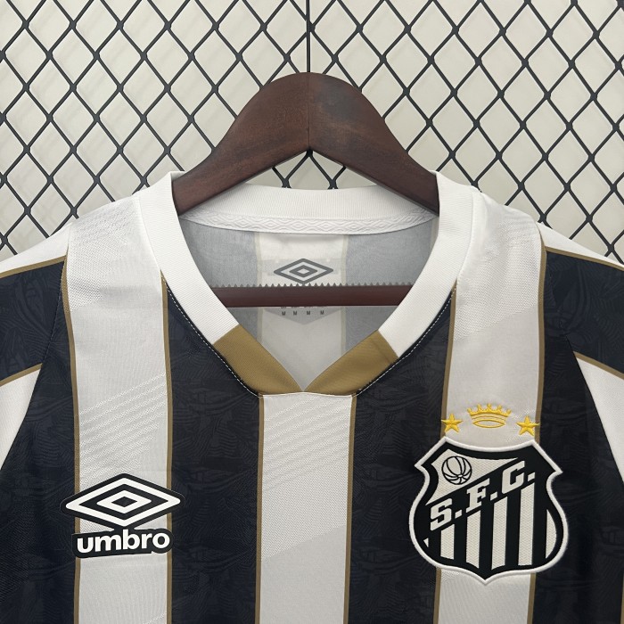 with All Sponor Logos Fan Version 2024-2025 Santos Away Black/White Soccer Jersey Football Shirt