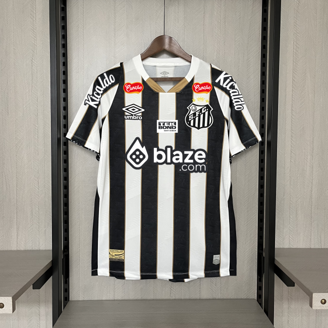 with All Sponor Logos Fan Version 2024-2025 Santos Away Black/White Soccer Jersey Football Shirt