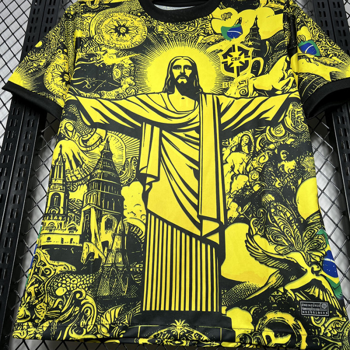 Fan Version 2024 Brazil Yellow Jesus Special Edition Soccer Jersey Brasil Football Shirt