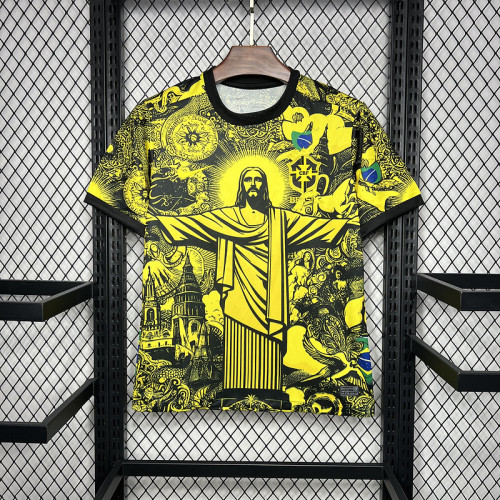 Fan Version 2024 Brazil Yellow Jesus Special Edition Soccer Jersey Brasil Football Shirt