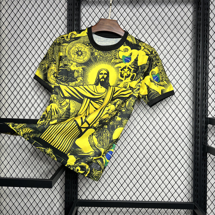 Fan Version 2024 Brazil Yellow Jesus Special Edition Soccer Jersey Brasil Football Shirt
