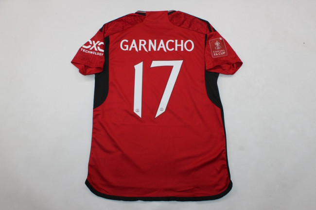 with Front Lettering+FA Cup Patch Fan Version 2023-2024 Manchester United GARNACHO 17 Home Soccer Jersey Man United Football Shirt