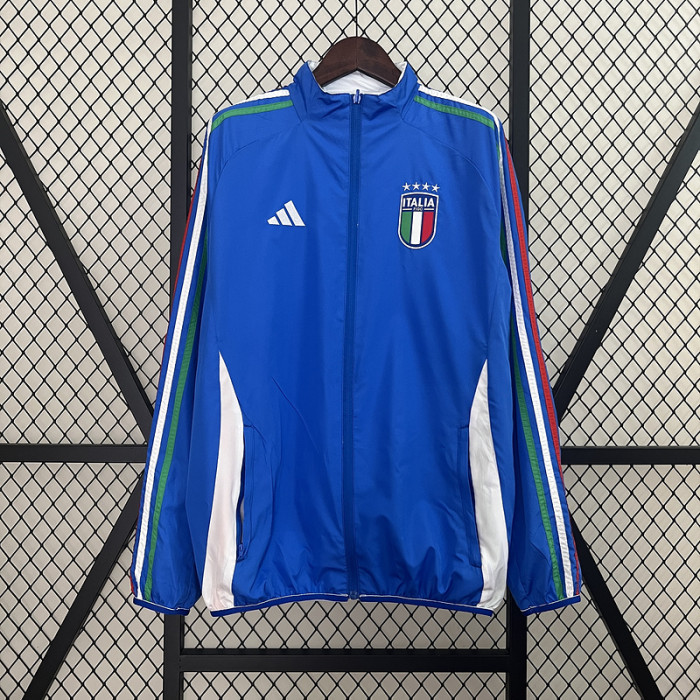 2024 Italy Blue/White Trench Coat Soccer Reversible Windbreaker Jacket Football Jacket