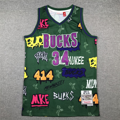Mitchell&ness 2000-01 Milwaukee Bucks 34 RAY ALLEN Green NBA Shirt Basketball Jersey
