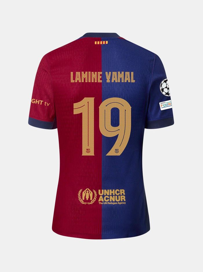 with UCL Patch Barca Camisetas de Futbol Player Version 2024-2025 Barcelona LAMINE YAMAL 19 Home Soccer Jersey