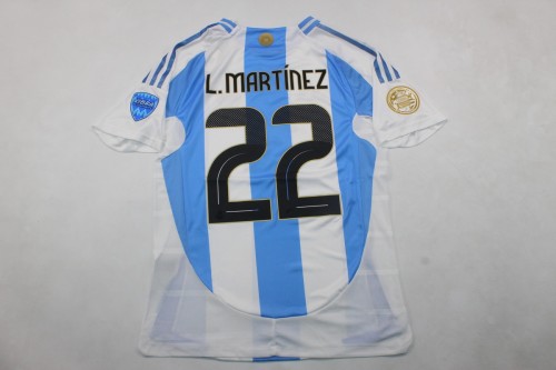 with new Front Patch+Front Lettering Player Version Argentina 2024 L.MARTINEZ 22 Final Home Home Soccer Jersey Blue Football Shirt