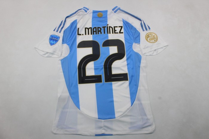 with new Front Patch+Front Lettering Player Version Argentina 2024 L.MARTINEZ 22 Final Home Home Soccer Jersey Blue Football Shirt