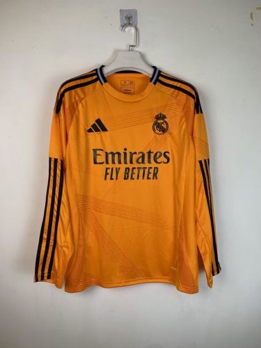 Long Sleeve Fan Version 2024-2025 Real Madrid Away Orange Soccer Jersey Real Football Shirt
