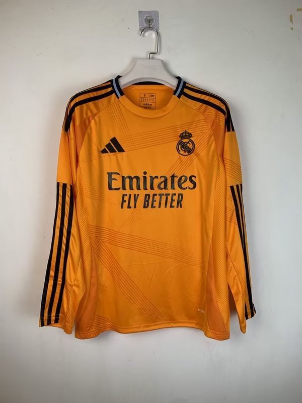 Long Sleeve Fan Version 2024-2025 Real Madrid Away Orange Soccer Jersey Real Football Shirt