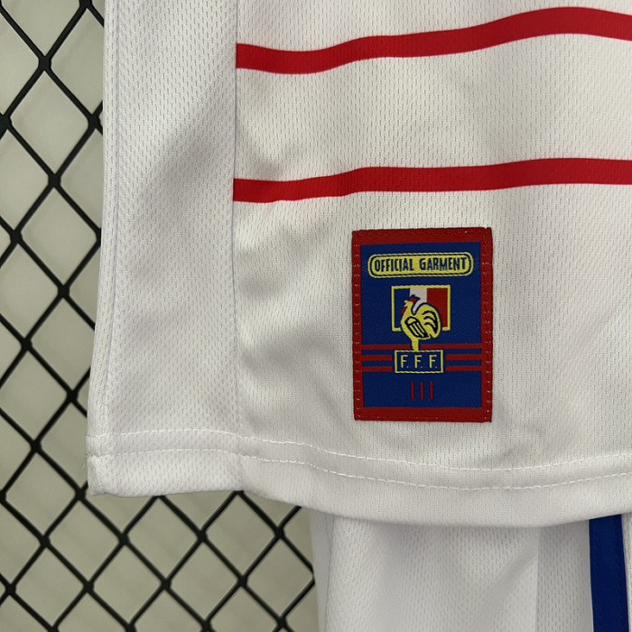 with Front Lettering Retro Youth Uniform Kids Kit 1998 France Away White Soccer Jersey Shorts Child Football Set