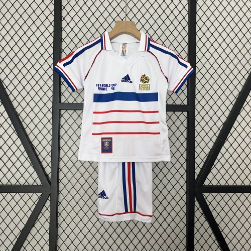 with Front Lettering Retro Youth Uniform Kids Kit 1998 France Away White Soccer Jersey Shorts Child Football Set