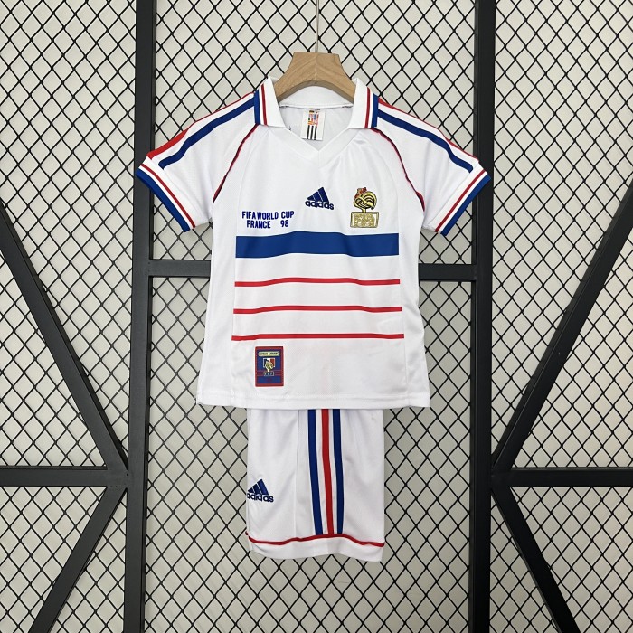 with Front Lettering Retro Youth Uniform Kids Kit 1998 France Away White Soccer Jersey Shorts Child Football Set