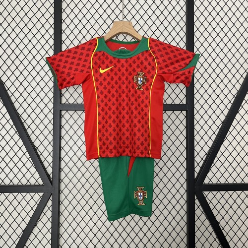 Retro Youth Uniform Kids Kit 2004 Portugal Home Soccer Jersey Shorts Vintage Child Football Set