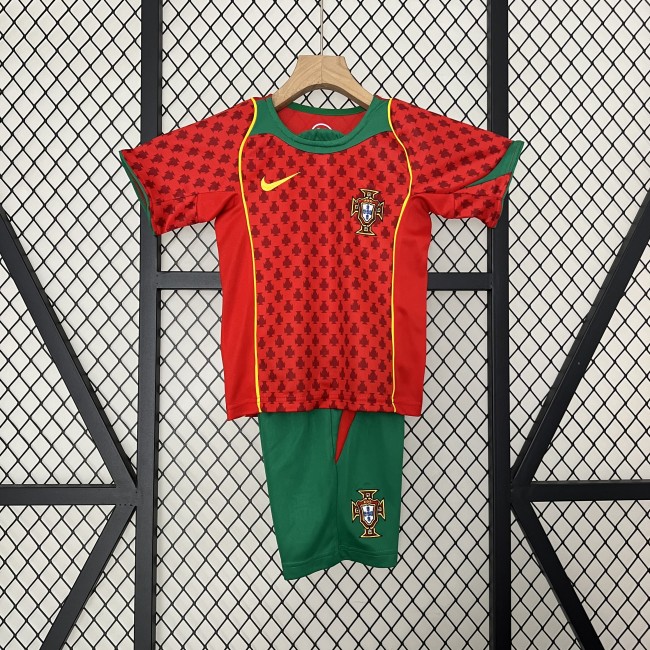 Retro Youth Uniform Kids Kit 2004 Portugal Home Soccer Jersey Shorts Vintage Child Football Set