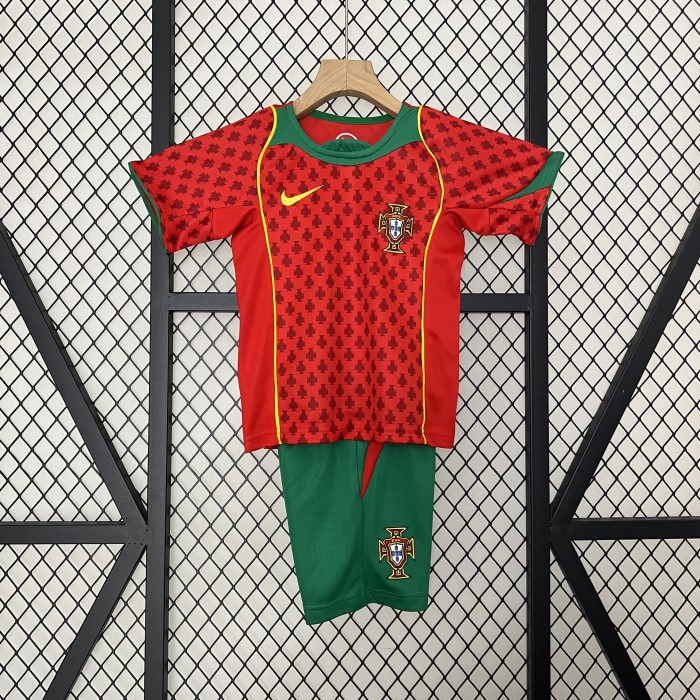 Retro Youth Uniform Kids Kit 2004 Portugal Home Soccer Jersey Shorts Vintage Child Football Set