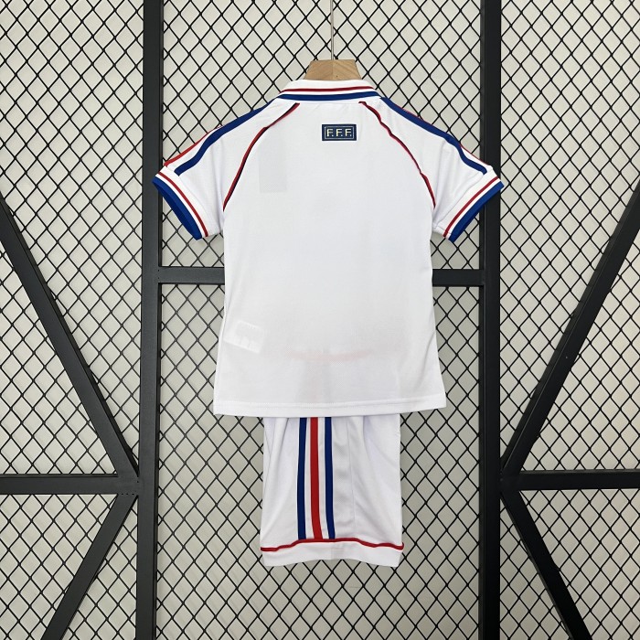 with Front Lettering Retro Youth Uniform Kids Kit 1998 France Away White Soccer Jersey Shorts Child Football Set
