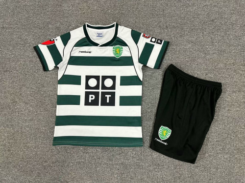 Retro Youth Uniform Kids Kit Sporting Lisbon 2001-2002 Home Soccer Jersey Shorts Child Football Set