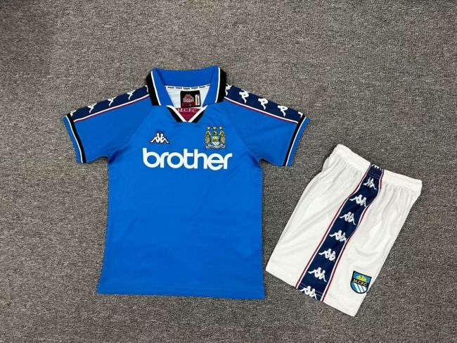 Retro Youth Uniform Kids Kit 1997-1998 Manchester City Home Soccer Jersey Shorts Child Football Set