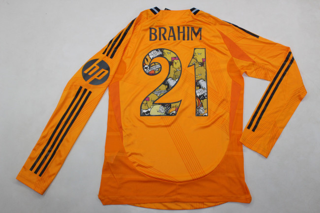 with Cantoon Fonts Long Sleeve Fan Version 2024-2025 Real Madrid BRAHIM 21 Away Orange Soccer Jersey Real Football Shirt
