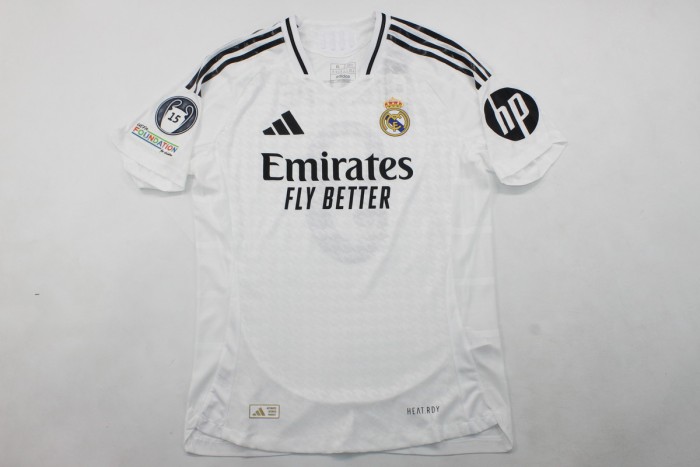 with HP+UCL 15 Cup Patch Fan Version 2024-2025 Real Madrid MBAPPE 9 Home Soccer Jersey Real Football Shirt