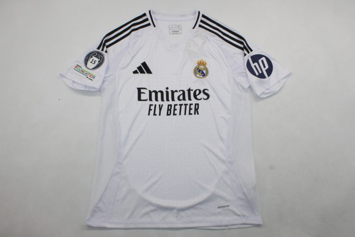 with HP+UCL 15 Cup Patch Fan Version 2024-2025 Real Madrid Home Soccer Jersey Real Football Shirt