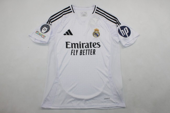 with HP+UCL 15 Cup Patch Fan Version 2024-2025 Real Madrid Home Soccer Jersey Real Football Shirt