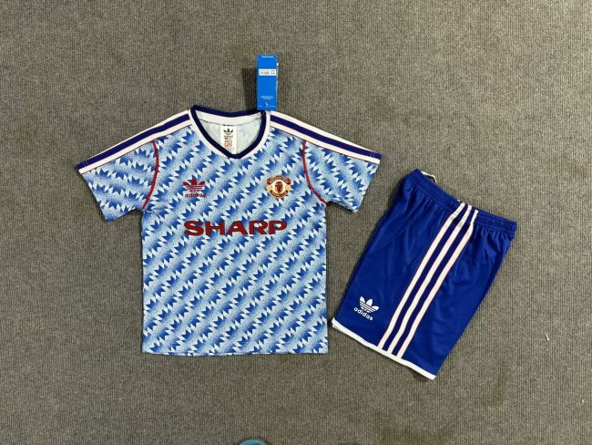 Retro Youth Uniform Kids Kit 1990-1992 Manchester United Away Blue Soccer Jersey Shorts Vintage Child Football Set