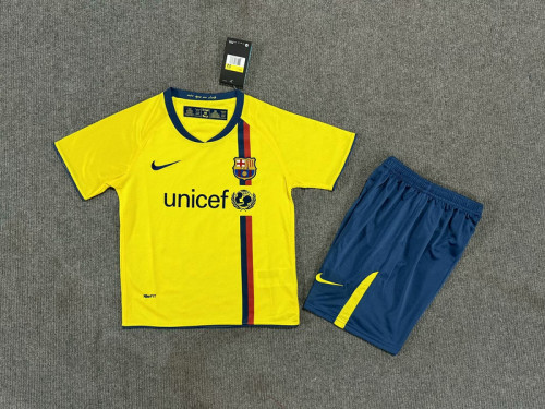 Retro Youth Uniform Kids Kit 2008-2009 Barcelona Away Yellow Soccer Jersey Shorts Vintage Child Football Set