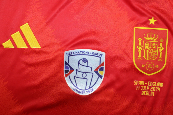 with UEFA NATIONS LEAGUE WINNER 2023 Patch+UEFA 2024 European Champions Badge Fan Version Spain 2024 Home Soccer Jersey España Camisetas de Futbol
