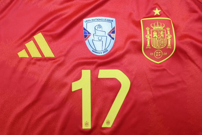 with UEFA NATIONS LEAGUE WINNER 2023 Patch+Euro 2024 Badge Player Version Spain 2024 WILLIAMS JR. 17 Home Soccer Jersey España Camisetas de Futbol
