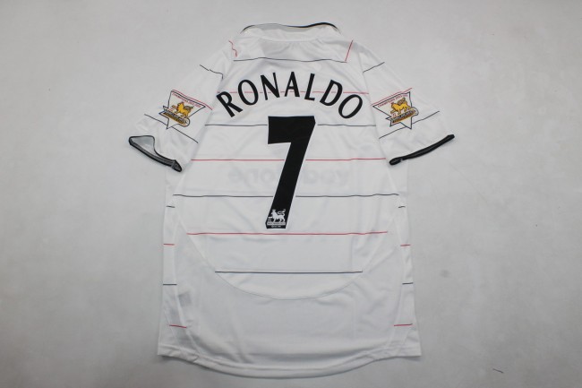 with EPL Patch Retro Jersey 2003-2005 Manchester United RONALDO 7 Away White Soccer Jersey Man U Vintage Football Shirt