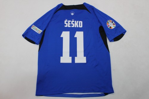 with Euro 2024 Patch Fan Version Slovenia 2024 SESKO 11 Away Blue Soccer Jersey Football Shirt