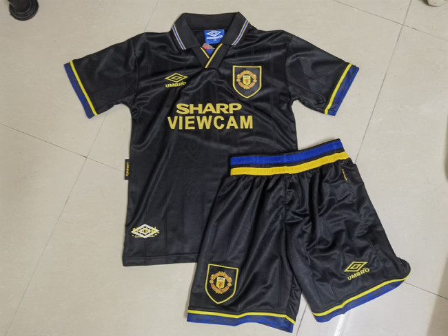 Retro Youth Uniform Kids Kit 1993-1995 Manchester United Away Black Soccer Jersey Shorts Vintage Child Football Set