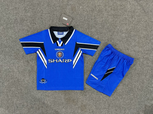 Retro Youth Uniform Kids Kit 1996-1997 Manchester United Away Blue Soccer Jersey Shorts Vintage Child Football Set